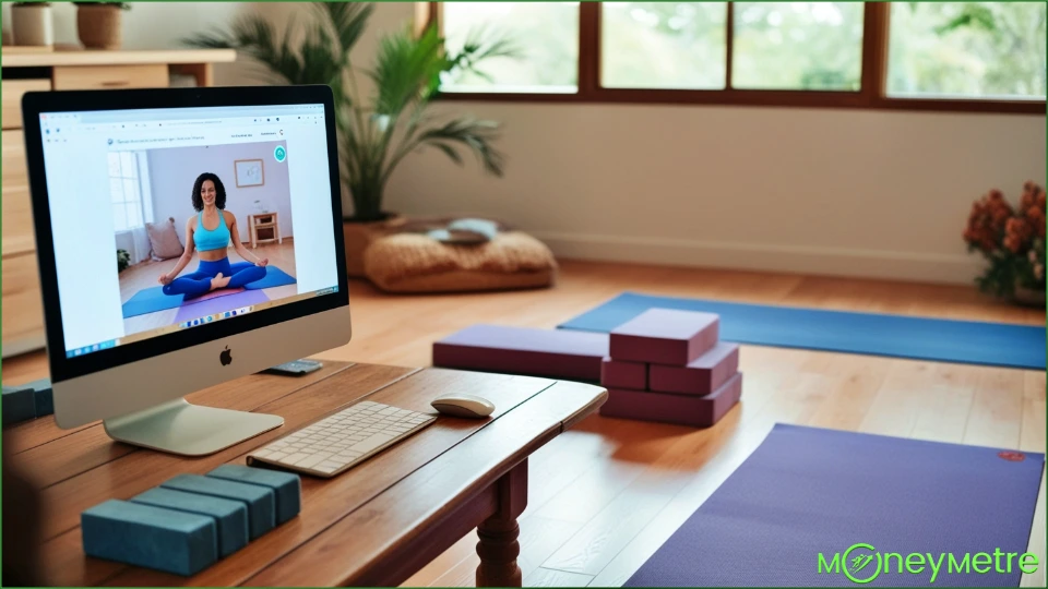 A cozy home yoga studio with yoga mats, blocks, and a computer showing an online class. The atmosphere is inviting and peaceful, showcasing the integration of yoga practice and digital teaching.