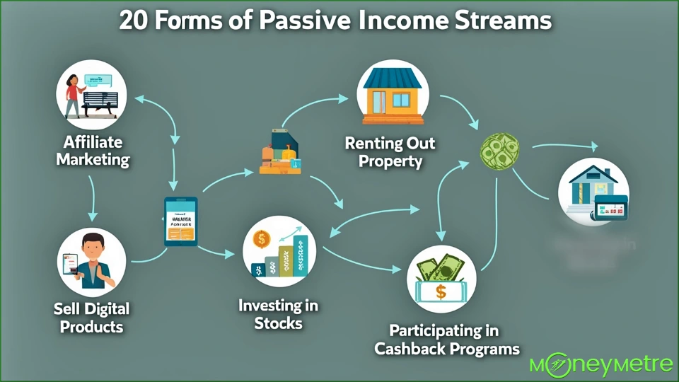 An image depicting various forms of passive income streams, such as a flowchart or infographic. Include icons or illustrations representing activities like affiliate marketing, renting out property, selling digital products, investing in stocks, and participating in cashback programs. The layout should be simple, modern, and easy to understand, with each passive income source connected through arrows or lines.