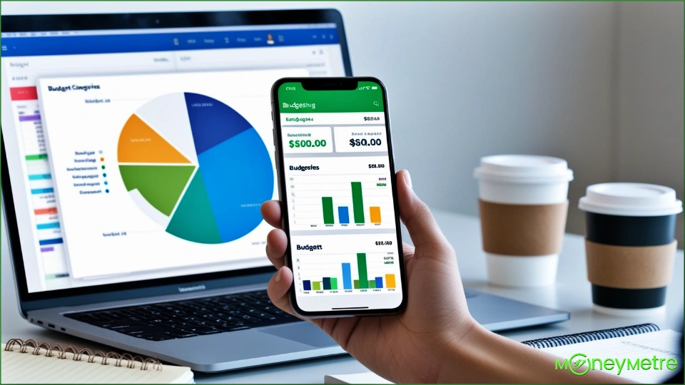 A close-up of a smartphone and laptop displaying budgeting app interfaces, with charts and budget categories visible. 