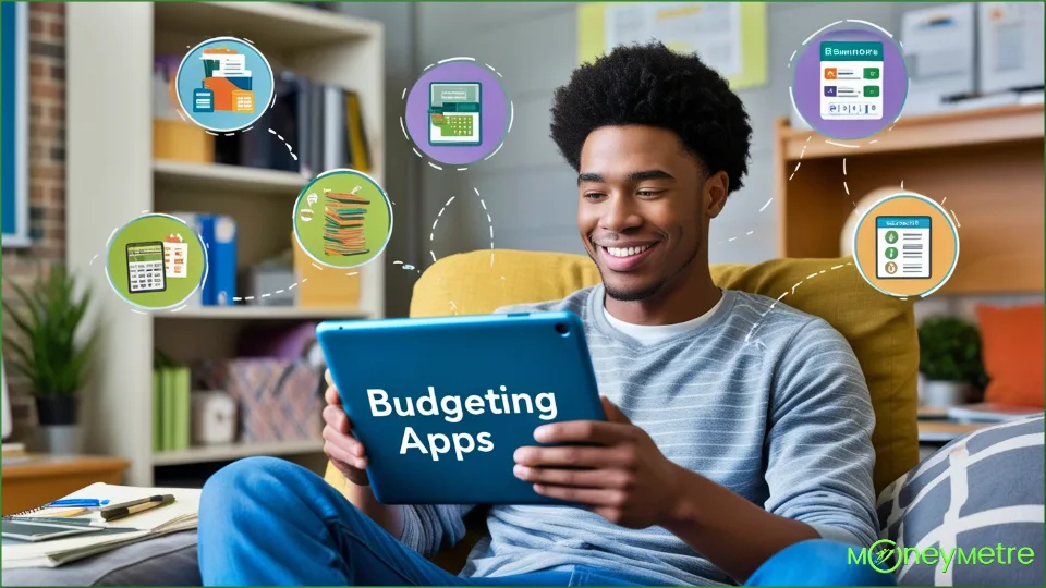 A relaxed college student in a cozy dorm room setting, reviewing budgeting apps on a tablet with a satisfied expression.