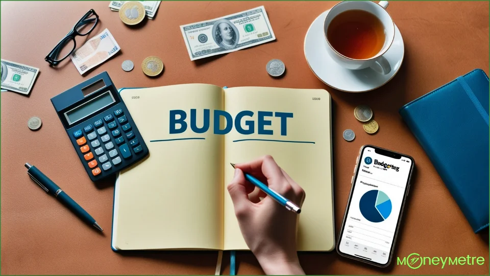 A desk with a budget notebook, calculator, and pen.