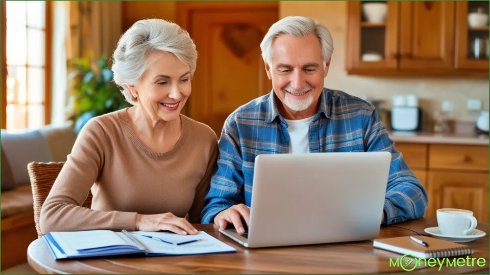 A retired couple sitting together at a wooden table in a cozy home setting, working on a laptop and going over financial documents.