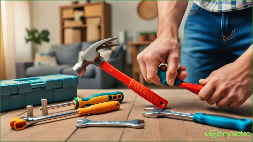 Hands holding basic tools like a hammer, screwdriver, and wrench, placed near household items.