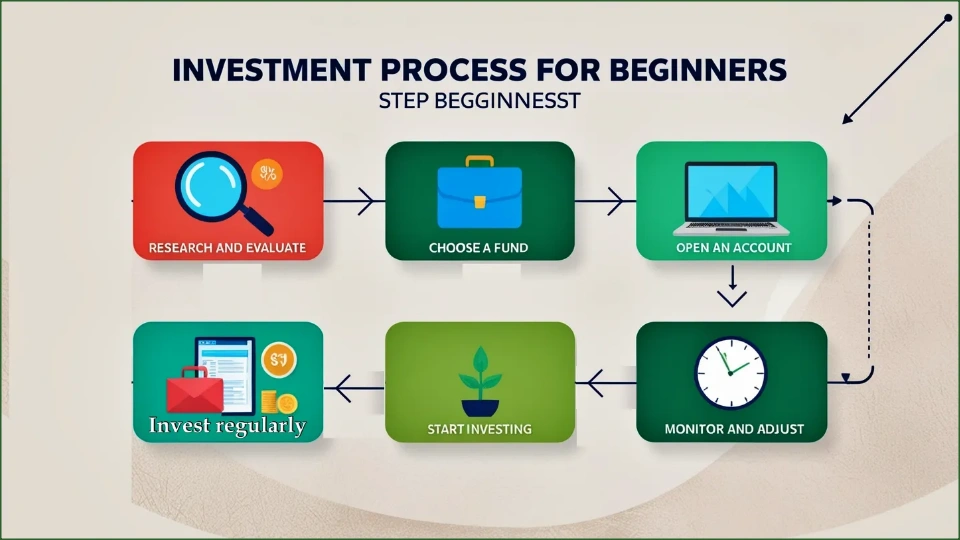 A visual checklist or flowchart depicting the investment process for beginners with icons for each step (choose a fund, open an account, etc.).