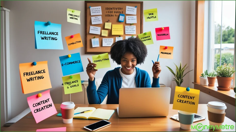 A woman brainstorming and researching side hustle ideas at home.