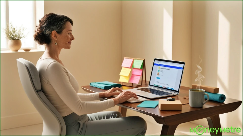 A yoga teacher working on creating an online course at a desk. The scene include a laptop, notes, and yoga props, emphasizing the blend of yoga practice and digital education.