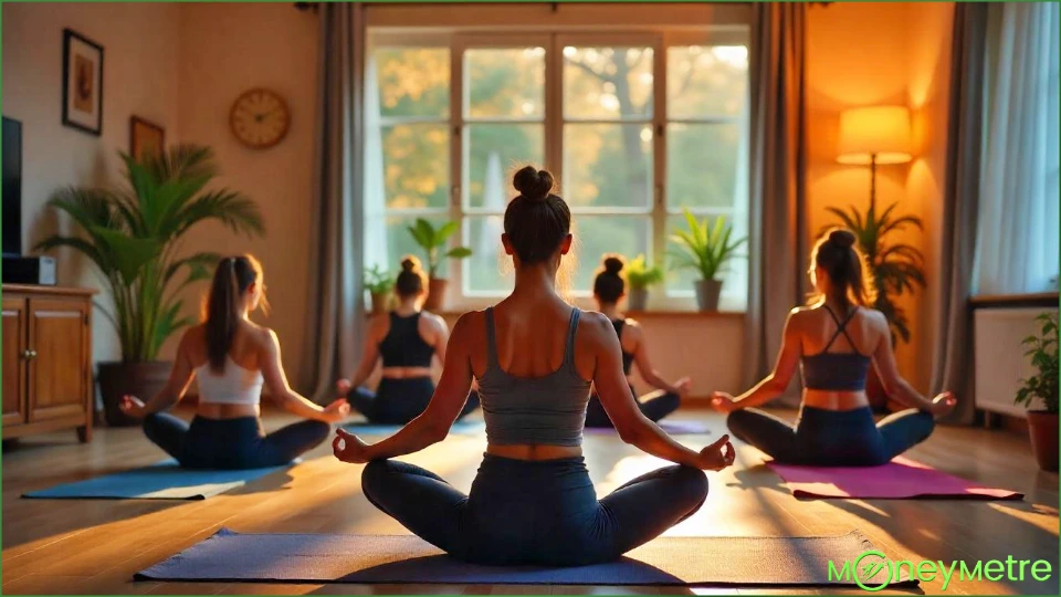 A virtual corporate yoga class with employees participating from their homes via video conferencing. Including elements that suggest a professional setting while still focusing on wellness and relaxation.