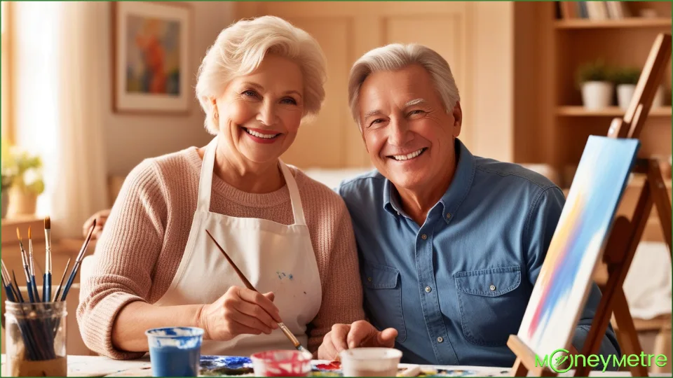 A retired couple painting together in a well-lit room.