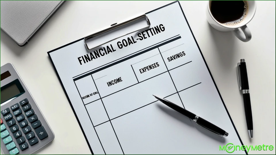 A minimalist image of a financial goal-setting sheet on a desk.