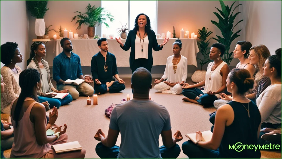 An image showing a group of diverse people attentively listening to a spiritual teacher during a workshop. The teacher is standing at the front of a room, speaking passionately, while attendees sit in a semicircle, some holding notebooks and others in meditative poses. There are elements like candles, crystals, and plants subtly decorating the space, creating a warm and inviting environment perfect for learning and spiritual growth. The image exudes a sense of community and shared spiritual purpose.