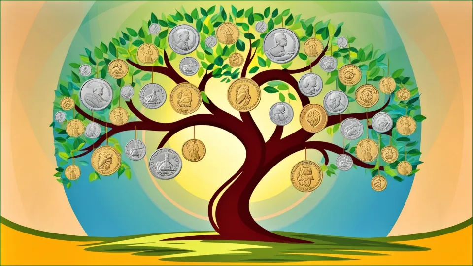 An uplifting image of a growing plant or tree with coins as leaves, symbolizing long-term growth and investment in index funds.