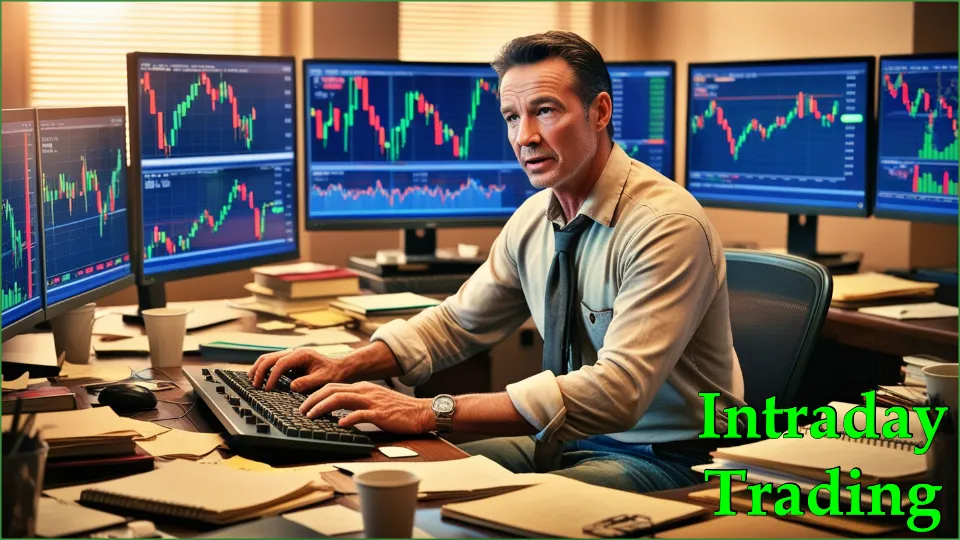 A day trader sitting at a desk with multiple monitors, analyzing stock charts and placing quick trades, with visible market fluctuations.