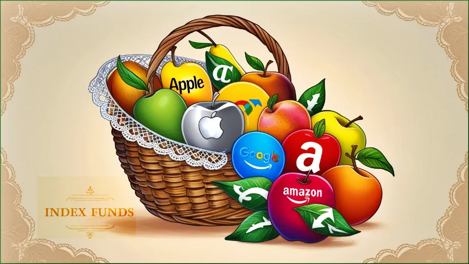 An illustration of a basket containing various fruits labeled with different company logos, representing the concept of index funds.