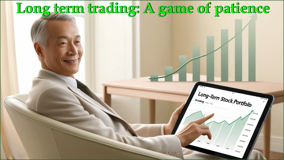 A serene investor in a calm setting, reviewing a long-term stock portfolio on a tablet, with growing stock charts in the background representing steady growth over years.