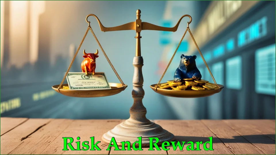 A scale balancing risk on one side and reward on the other, with symbols of the stock market like bulls and bears in the background.