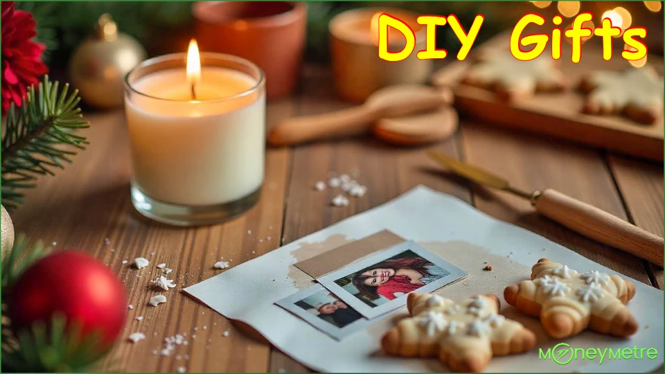 A partially made candle, a photo collage, and baking tools with cookies in the process of being decorated.