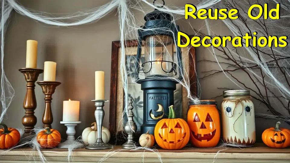 A rustic Halloween mantel decorated with reused items like vintage candle holders, an old lantern with a spooky twist, and repurposed jars painted as jack-o'-lanterns. Cobwebs drape over the display, showing a thrifty but festive setup.