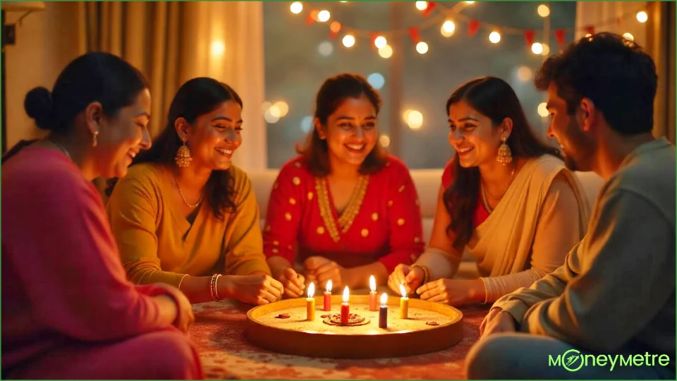 a group of women sitting around a circular object with lit candles