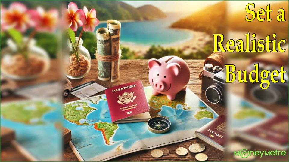 A close-up view of a well-organized travel budget setup with a passport, map, camera, piggy bank and money on a table.