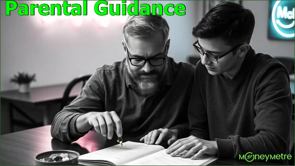 A father and a high school child sitting together at a study desk.