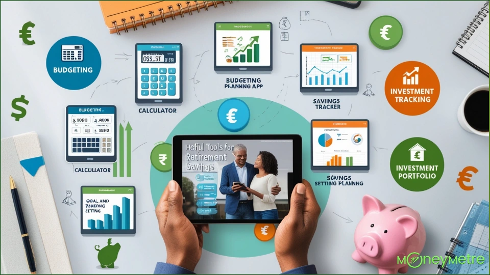 A couple using a tablet with icons representing various retirement planning tools.