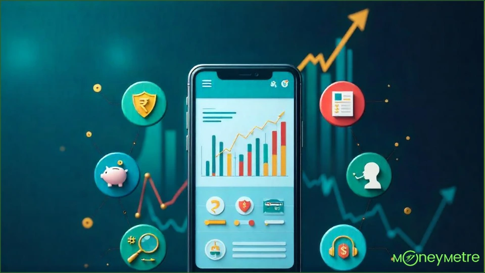 A smartphone in the center displaying a mock trading app interface with essential elements like stock charts, rupee symbols, and trading options.