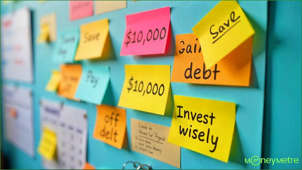 A vision board concept with financial goals written on sticky notes, such as 'Save $10,000,' 'Pay off debt,' and 'Invest wisely.'