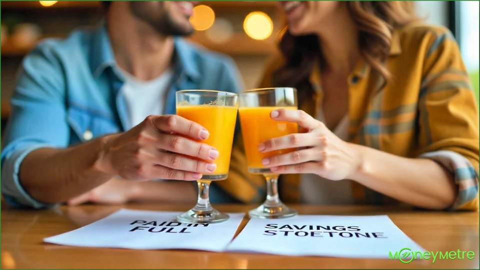 A young couple clinking glasses of juice in celebration.