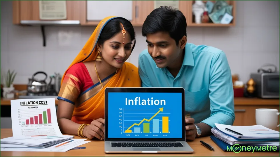 An Indian couple looking at a laptop screen showing an inflation calculator or growth projection chart.