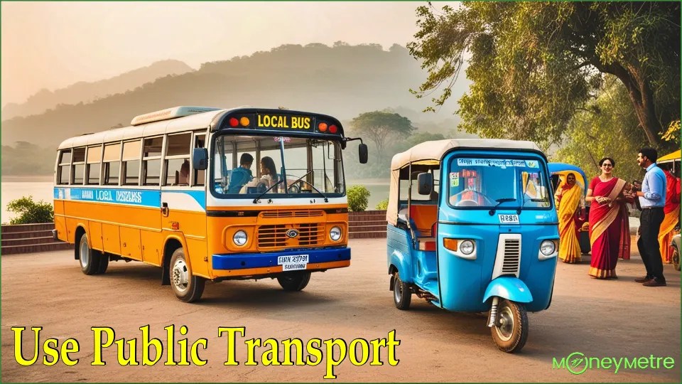 An Indian local bus and auto-rickshaw parked near a scenic location, symbolizing budget-friendly transportation options.