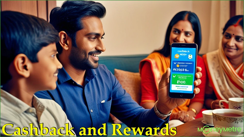 An Indian man using his mobile phone with visible cashback apps and reward notifications on the screen, while a family member looks on with interest.