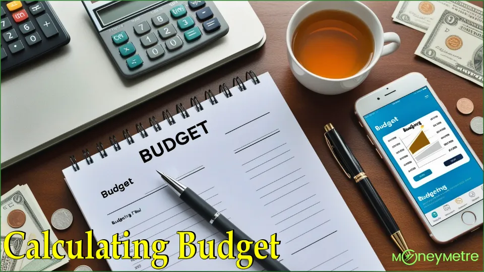 An image of a desk with a budget notebook, calculator, and pen.