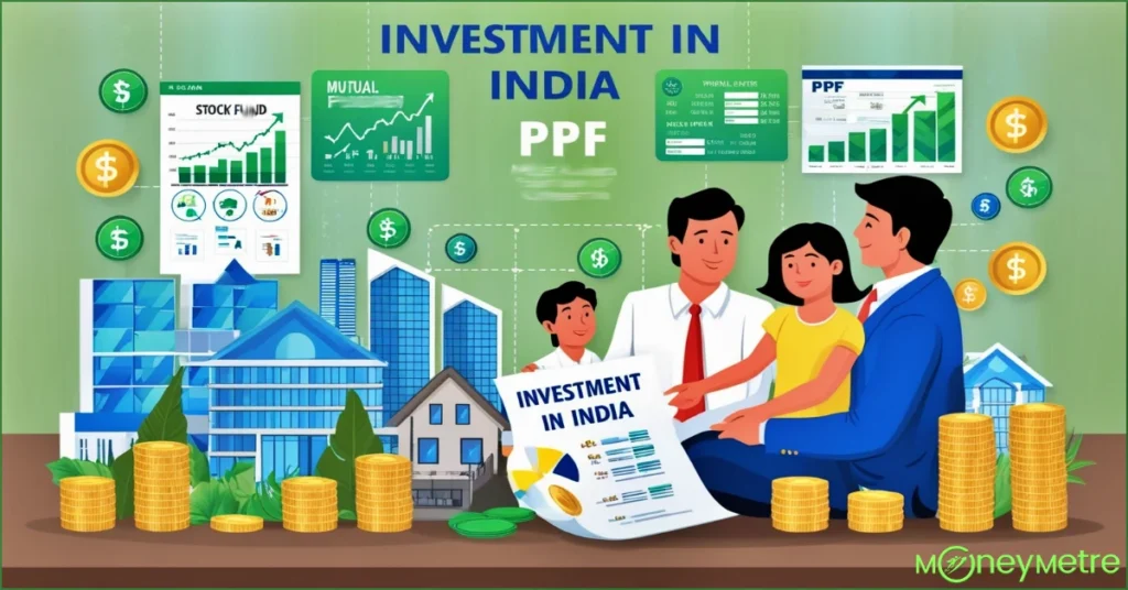 An illustration showing investments options in India.