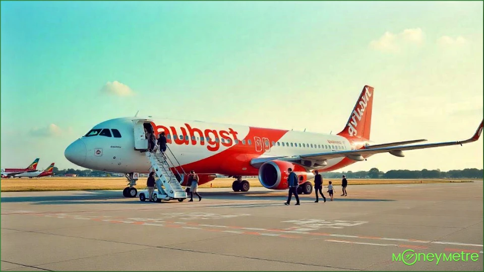 A small European budget airline airplane at an airport runway, with a view of travelers boarding.