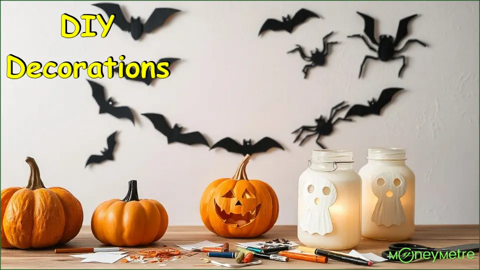 A close-up of a simple DIY Halloween craft setup. Black paper cutouts of bats and spiders are taped to a white wall, while a table in the foreground displays hand-painted pumpkins in bright orange and black. Milk jug lanterns with ghost faces glow softly with LED lights, and scissors, markers, and scraps of paper are scattered across the table to show the crafting process.