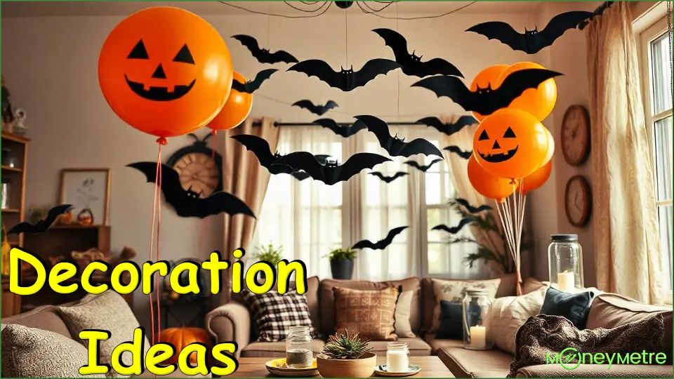 Orange balloons with jack-o’-lantern faces, paper bats hanging from the ceiling, and jars turned into lanterns with candles inside.