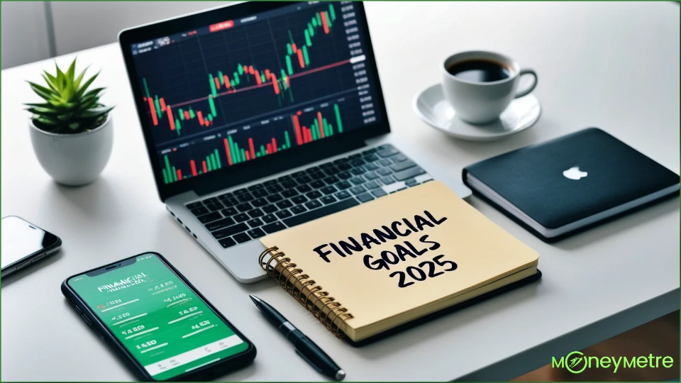 An organized workspace featuring a notebook with 'Financial Goals 2025' written on it, surrounded by a laptop showing stock market charts, a smartphone with a financial app.