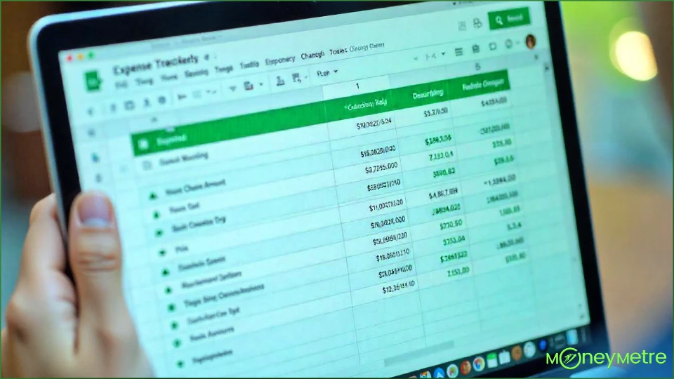 A close-up of a Google Sheets screen displaying a simple expense tracker with columns for Date, Category, Description, and Amount.