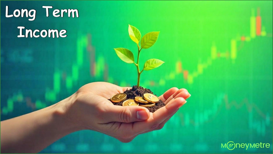 A hand holding a growing plant with rupee coins.