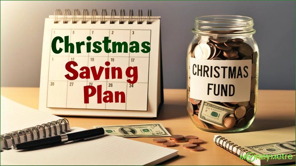 A calendar marked with "Christmas Saving Plan" at the top, with a jar labeled "Christmas Fund" on a desk. The jar is filled with coins and a few small dollar bills, and there's a pen and notebook next to it.