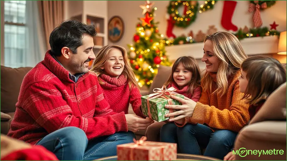 a family sitting on a couch holding a present