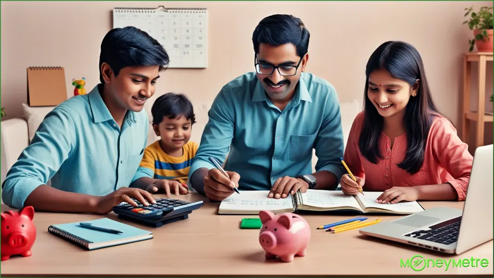 An Indian family budgeting scene with the father using a calculator and the mother jotting down expenses in a notebook, showing teamwork in managing finances.