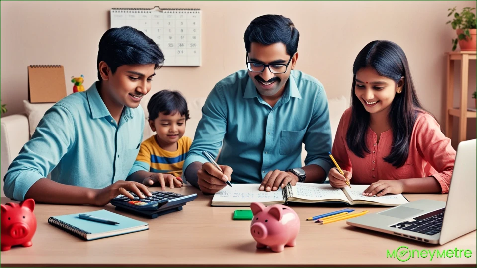 An Indian family budgeting scene with the father using a calculator and the mother jotting down expenses in a notebook, showing teamwork in managing finances.