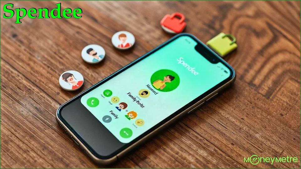 A phone screen with the Spendee app open, with multiple users (avatars or icons) represented around the device to signify family budget sharing.