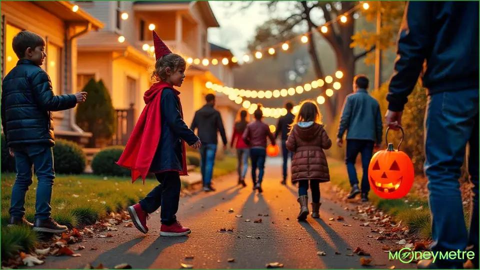 A lively Halloween block party where neighbors are sharing food, laughter, and decorations. A mix of DIY and shared-cost decorations fills the space, with kids trick-or-treating in costumes and a community vibe shining through.