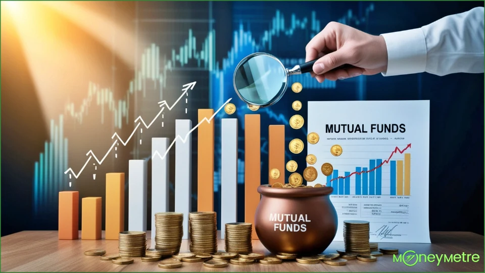 A dynamic image showing upward-trending stock charts and graphs, with small icons of coins flowing into a pot labeled 'Mutual Funds.' Beside it, a magnifying glass highlights a stock certificate.