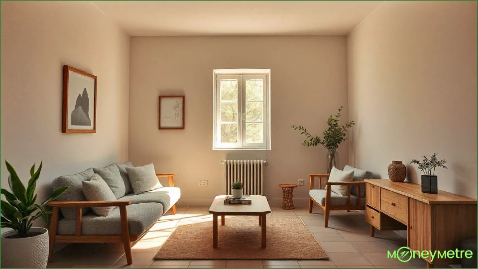 A cozy, minimalist interior room with simple finishes, like plain painted walls, tiled flooring, and modest furniture.