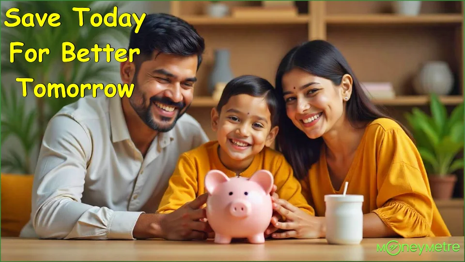 An Indian family sitting together with a piggy bank on the table.